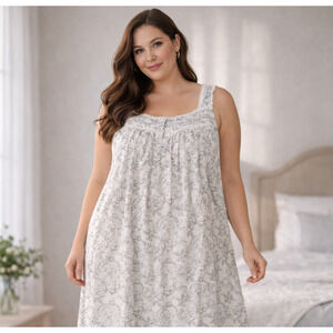 Eileen West Cotton Floral Nightgown Womens Large Lace Trim Sleeveless Nightgown